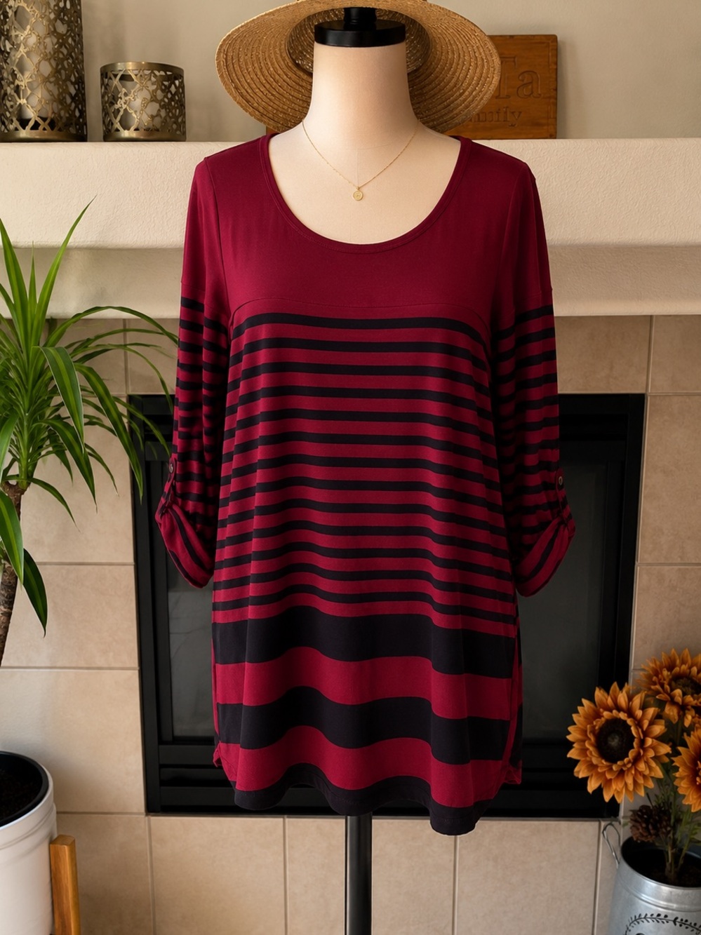 Splendid Burgundy and Black Striped Scoop Neck Tunic